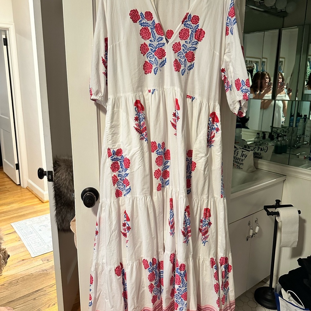 Oliphant Verna Red White Maxi Dress with Pink Floral Accents - Picture 6 of 6